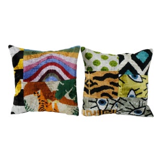 Ikat Velvet Patchwork Pillow Cover - A Pair For Sale