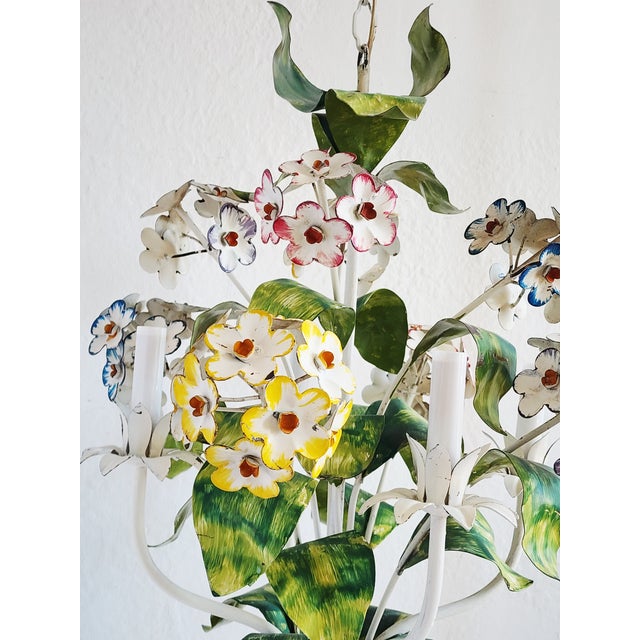 Green Vintage Italian Handpainted Foral Motif Tole Chandelier For Sale - Image 8 of 18