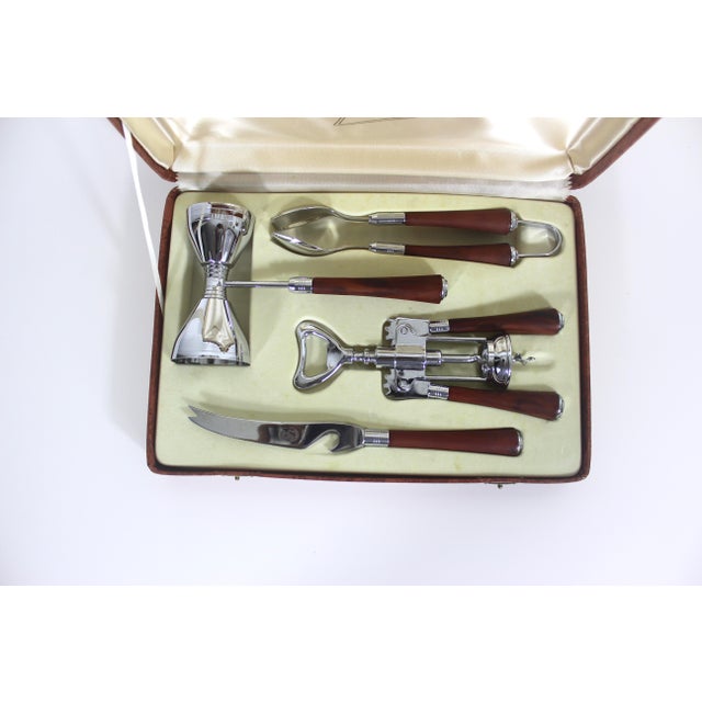 1950s 1950s Mid Century Modern Bar Tool Set With Faux Tortoise Bakelite Handles in Original Box For Sale - Image 5 of 7