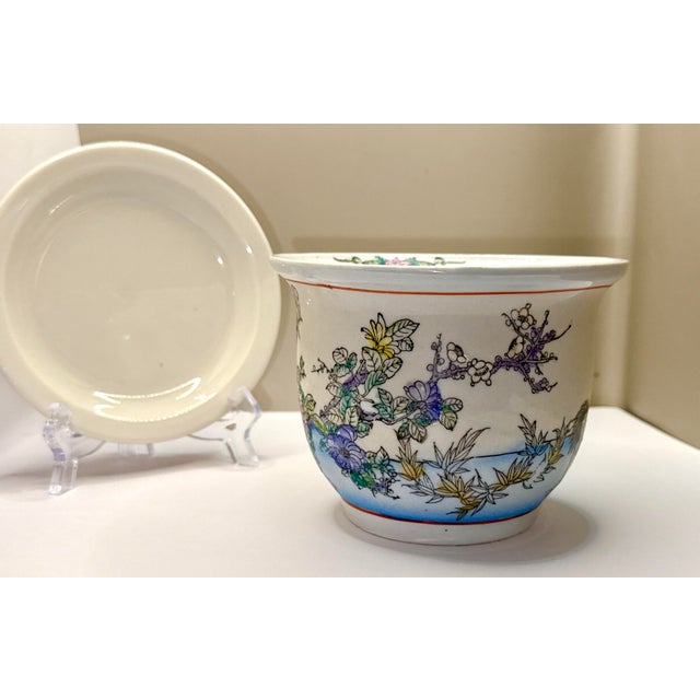White Hand Painted Chinoiserie Porcelain Planter With Lotus Flowers & Cranes For Sale - Image 8 of 12