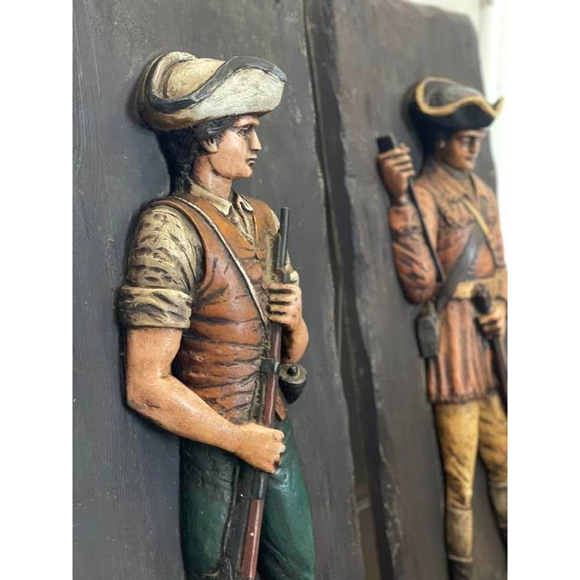 Pair of Large Hard to Find Midcentury c.1960s American Revolutionary War Minutemen Soldiers 3D Wall Plaque Decor w/ Rough...