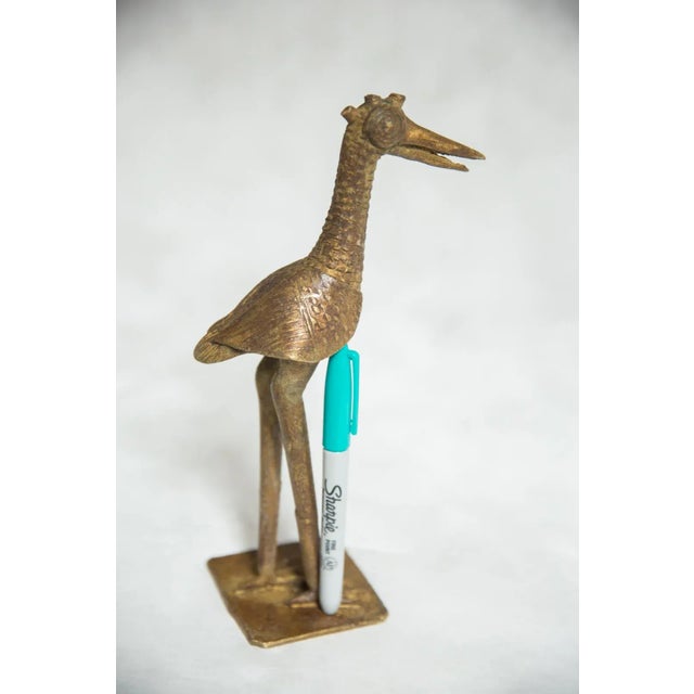 Metal Large Fishing Bird Triple Horn and no Fish Vintage African Bronze Sculpture For Sale - Image 7 of 9