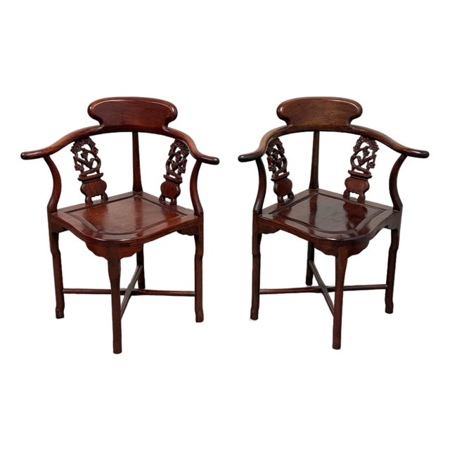 Vintage Rosewood Asian-Inspired Corner Chairs, Pair For Sale