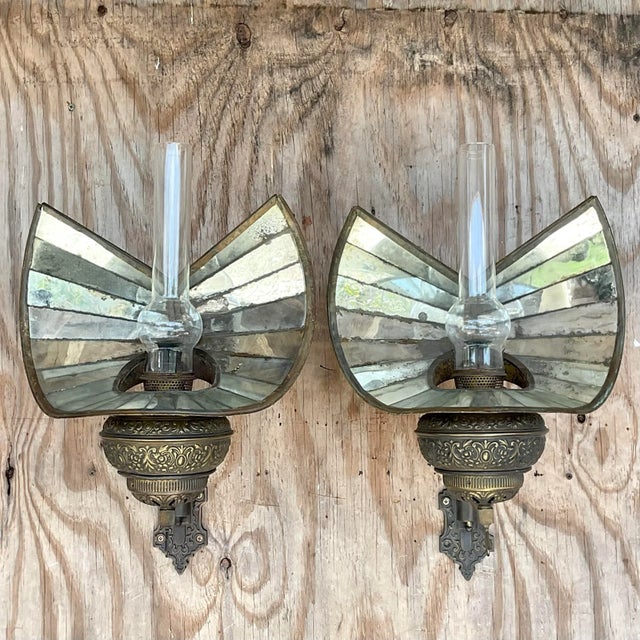 Boho Chic Vintage Wheeler Mirrored Glass Wall Sconces, Pair For Sale - Image 3 of 13