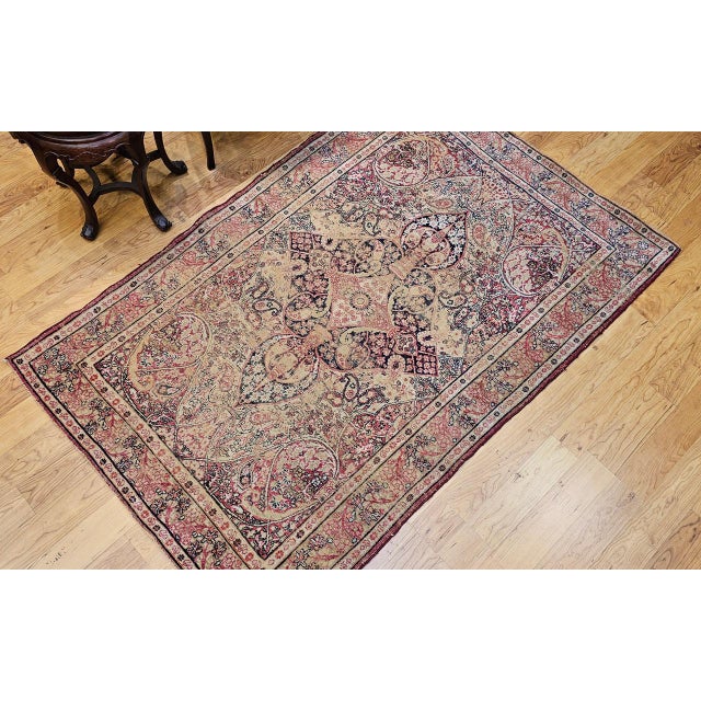 19th Century Kerman Lavar Rug, Hand-Knotted Wool, Floral Pattern, Ivory & Red, 4x6 For Sale - Image 4 of 15