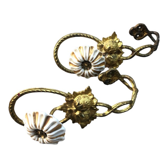 1920s Art Nouveau Gold Brass Porcelain Floral Drapery Tie Backs- a Pair For Sale