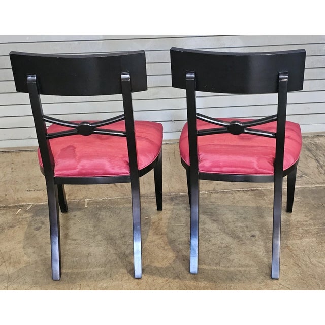 Wood Pair of Regency Style Ebonized Klismos Chairs by Baker Furniture in Silk Moiré Fabric, Late 20th Century For Sale - Image 7 of 9