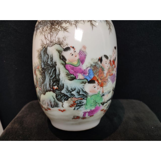 Chinese Ceramic Vase Qianlong Marked Famille Porcelain Vase Hand Painted Playing Children Pattern For Sale - Image 4 of 12