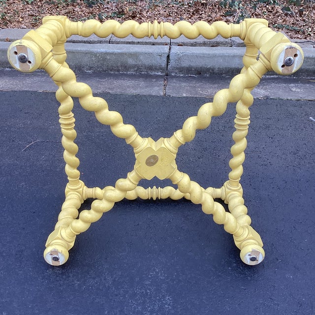 Wood Vintage Baker Furniture Scalloped Golden Yellow Coffee Table With Brass and Glass Top – 44“ For Sale - Image 7 of 11