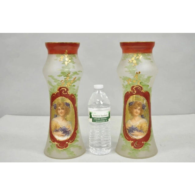 Vintage German Victorian Frosted Glass Painted Figural Woman Bust Vases - a Pair. Circa Mid 20th Century. Measurements:...