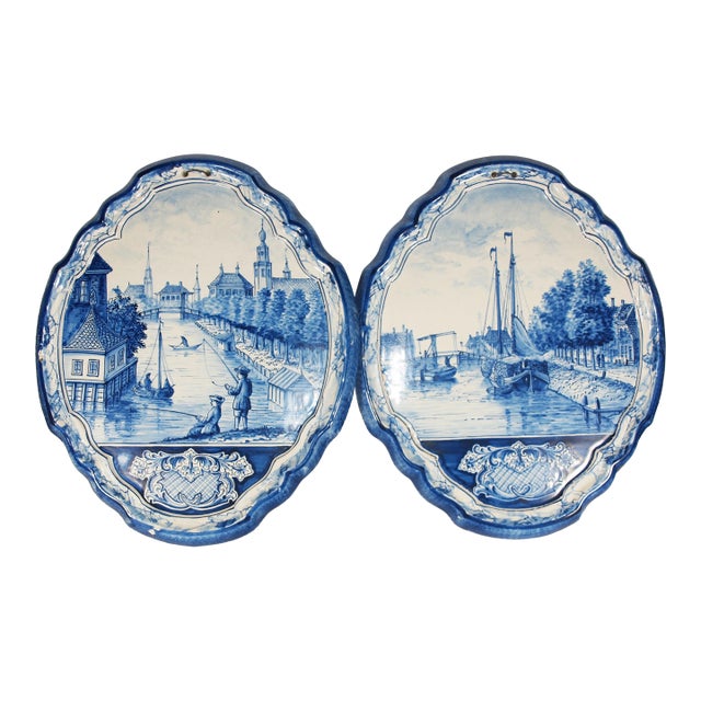 Two Antique Dutch Royal Makkum Delft Blue & White Plaques W/ Dutch Fishing Vessels For Sale