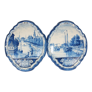 Two Antique Dutch Royal Makkum Delft Blue & White Plaques W/ Dutch Fishing Vessels