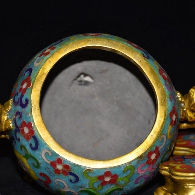 Turquoise Vintage Cloisonne Enamel Globe Censer - Double-Handle Tripod Incense Burner For Sale - Image 8 of 9