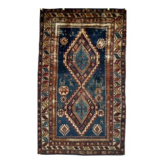 19th Century Caucasian Kazak Area Rug, Hand-Knotted Wool, Blue, Ivory For Sale