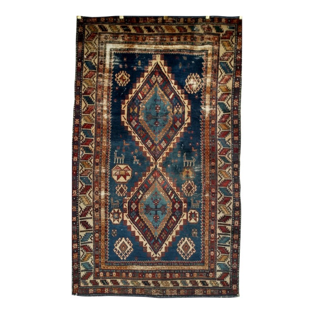 19th Century Caucasian Kazak Area Rug, Hand-Knotted Wool, Blue, Ivory For Sale