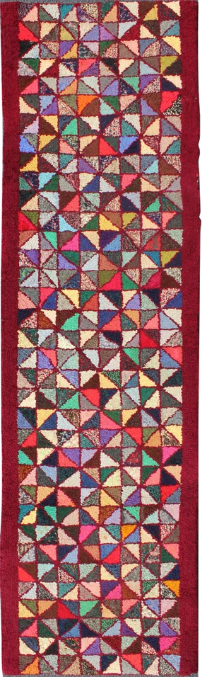 Checkerboard Vintage American Hooked Rug With Geometric Designs