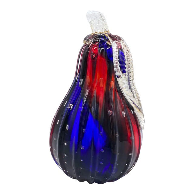 20th Century Murano Italian Red and Blue Glass Pear Fruit Paperweight For Sale