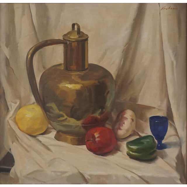 Wonderful mid century still life composition with Brass vessel, apples, turnip and pepper by Charles Kingham (American,...