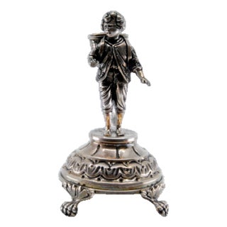Silver Toothpick Holder with Boy Carrying Basket For Sale