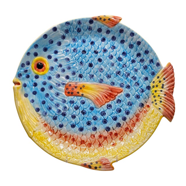 Hand Painted Majolica Zanolli Italian Fish Plates & Platter Set of 6 For Sale - Image 4 of 16