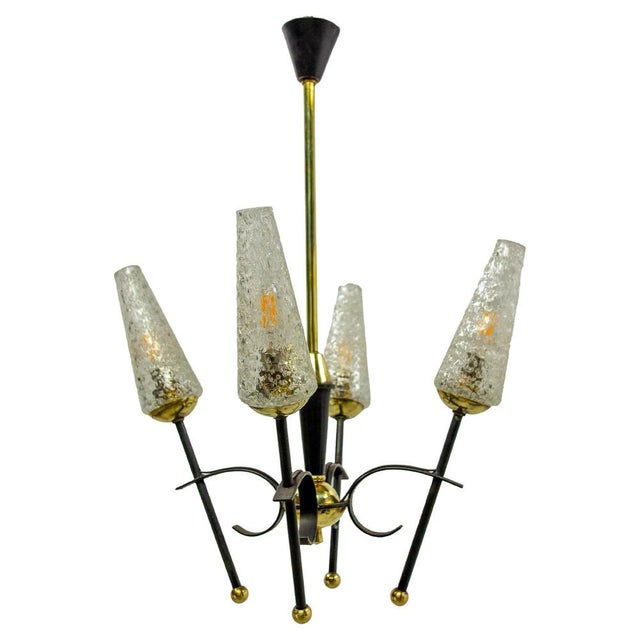 French 4-Light Chandelier in Black Metal and Brass, 1960s For Sale - Image 9 of 9