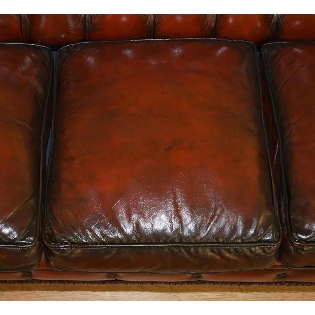 Wood Vintage Oxblood Bordeaux Leather Chesterfield Club Sofa on Turned Legs For Sale - Image 7 of 18