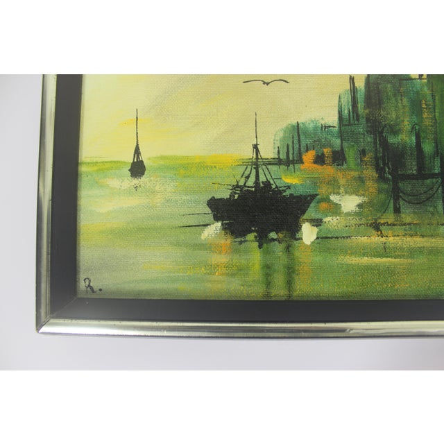 Yellow Signed Vintage Oil Paintings, Marina Sailboats, Mid-Century Nautical Art Framed, a Pair For Sale - Image 8 of 14