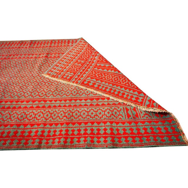 Mid-Century Modern 1950s Small Green Red Modern Geometric Cotton Vintage Textile Knotted Ziloo Rug For Sale - Image 3 of 8