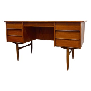 Vintage Mid Century Modern Danish Teak Executive Desk With Rear Bookshelf. For Sale