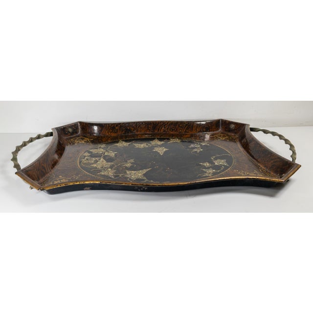 19th Century English Victorian Tole Metal Serving Tray With Mother of Pearl and Faux Grain Design For Sale - Image 12 of 18