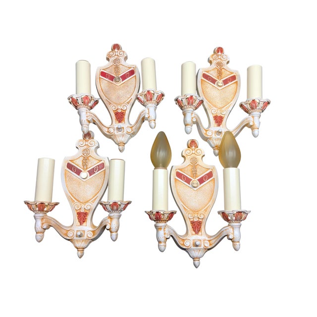 1920s Wall Sconces Ivory Cream White and Red With Gold Colored Highlights Two Light Candle Sconces Restored - Set of 4 For Sale - Image 9 of 13