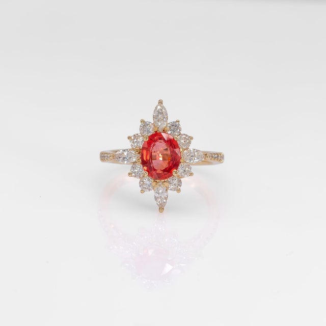 2020s 1.5Ct Padparadscha Sapphire Ring With Natural Diamond Accents: Solid 14k Gold, Size 6.75 For Sale - Image 5 of 10