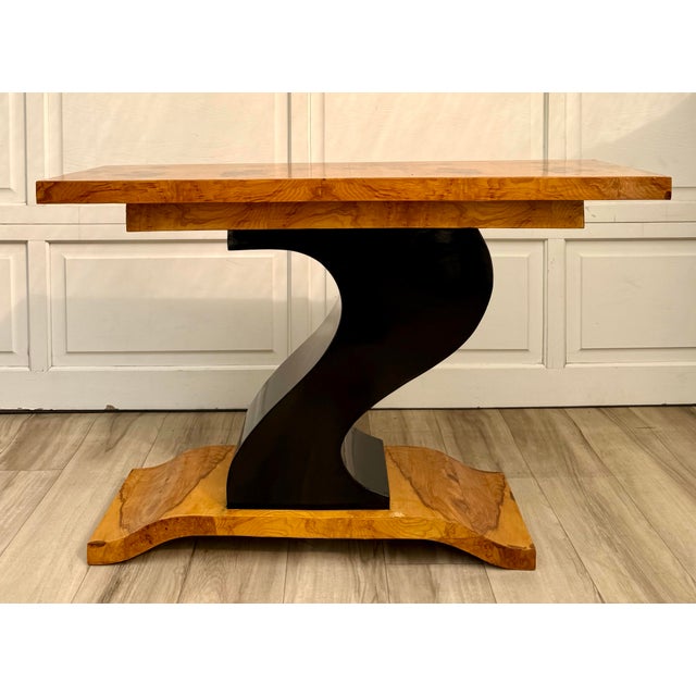 Art Deco Revival Burlwood Console Table With Sculptural Curved Base For Sale - Image 4 of 16