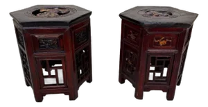 Vintage Pair of Chinoiserie Style Carved Hardwood Side Tables
