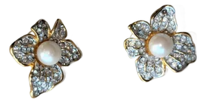 1980s Pair of Afj Floral Earrings Rhinestones Gold Tone Backing