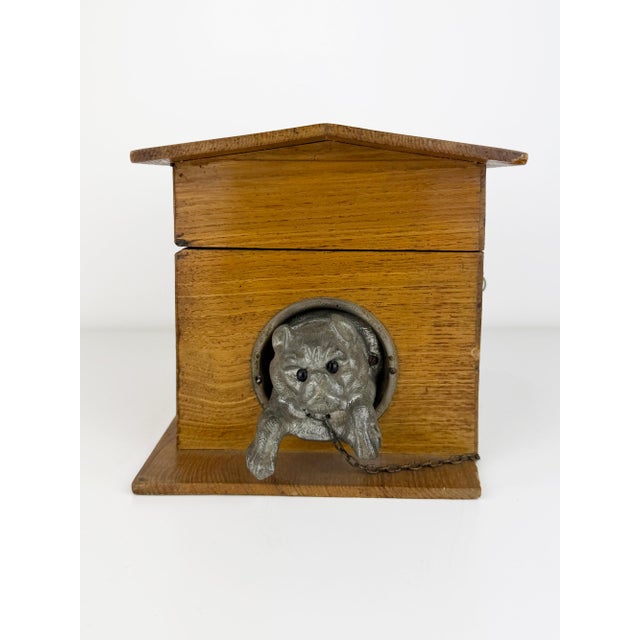 Antique 19th Century Dog Kennel Cigar Humidor Box in Wood with Metal Dog and Key, 1890s For Sale - Image 3 of 15