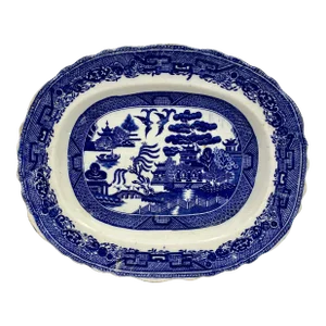 Antique Scalloped Edge Blue Willow Serving Platter Made in England - Circa 19th Century