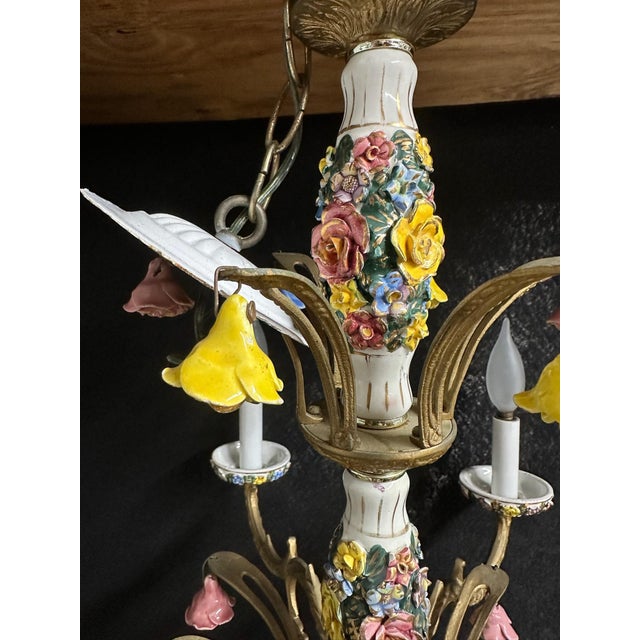 Vintage Capodimonte-Style Porcelain Floral Six-Light Chandelier For Sale - Image 4 of 7