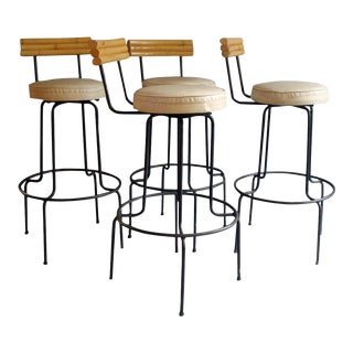 Wrought Iron Frame Bamboo with Upholstered Seat Bar Stools - Set of 4 For Sale