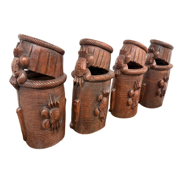 Chinese Antique Bamboo Hand Carved Basket Crab Decorative Brush Pots, Set of 4 For Sale