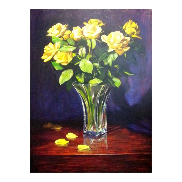 William Martin Yellow Rose Original Oil on Stretched Canvas Hand Signed in Back For Sale