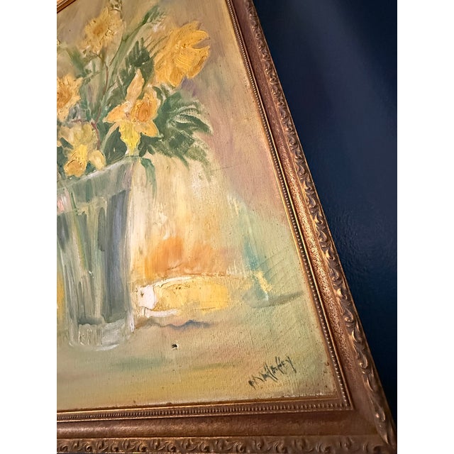 Vintage Daffodil Oil Painting on Grumbacher NY Canvas, Original Mid Century Floral Still Life in Gold Frame, Impressionist...