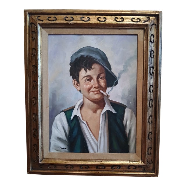 Vintage Framed Oil Paining on Canvas "Smoking Boy" Signed by Artist Unknown For Sale