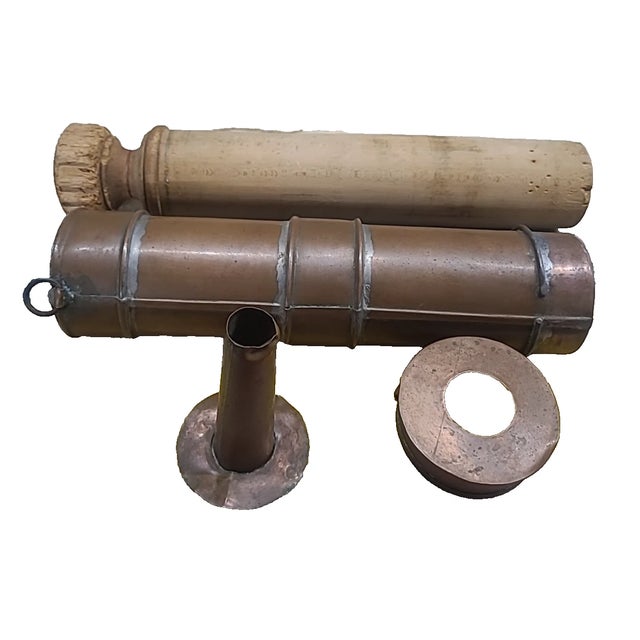 A rare antique copper and wood hand-press sausage stuffer, dating to the late 19th–early 20th century. Crafted from heavy-...