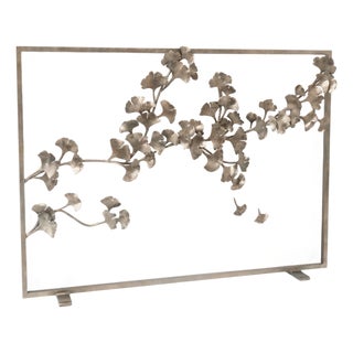 Aged Silver Ginkgo Fireplace Screen Iron For Sale