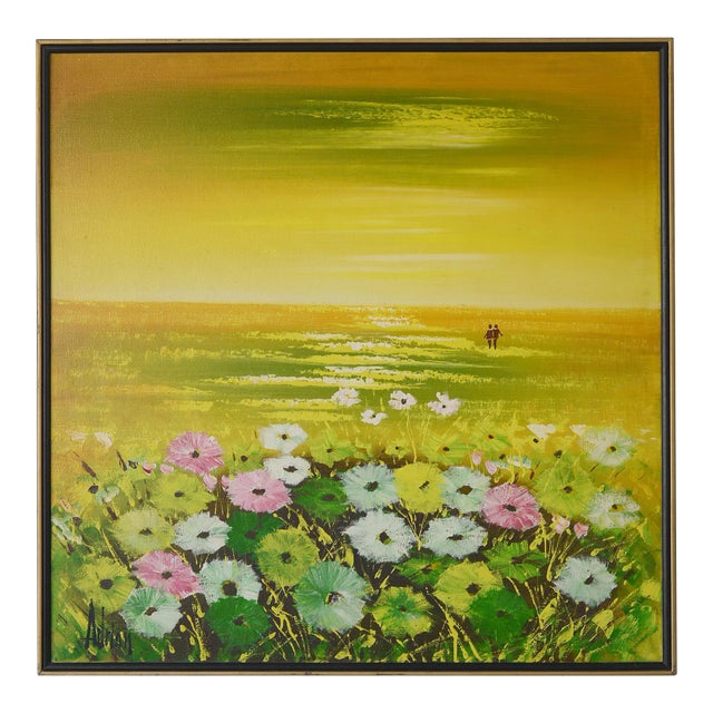 Vintage 1970s Lovers in the Flower Field Landscape Painting For Sale
