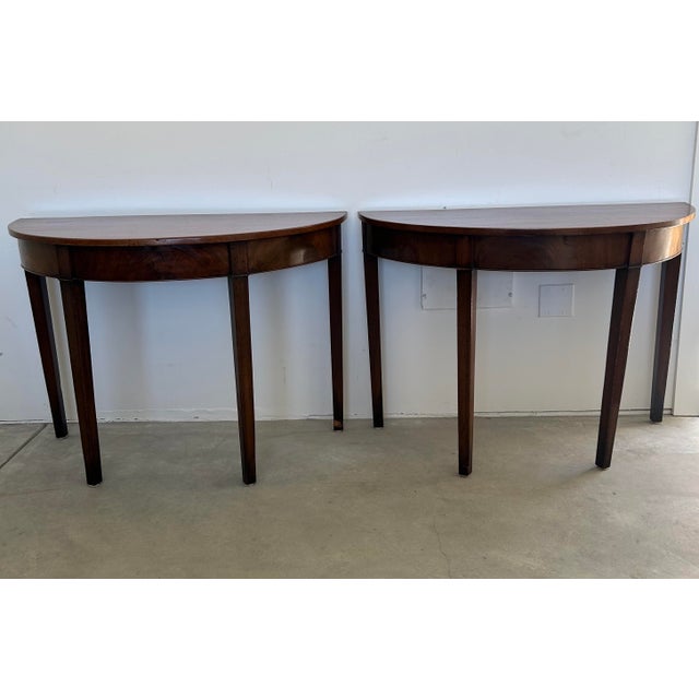 Pair of Federal-Style Demi-Lune Console Tables — Mahogany Veneer, Mid-20th Century For Sale - Image 10 of 10