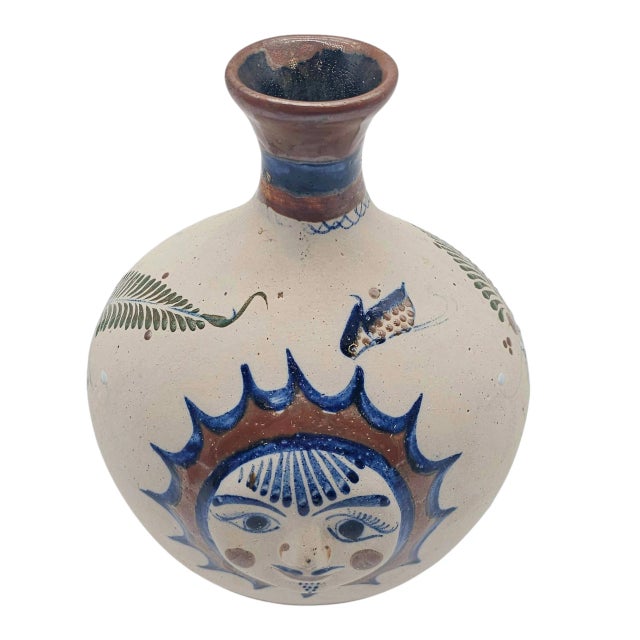 Mexican VTG Tonala Folk Art Pottery Vase Bottle Sun Face Hand Painted Mexico 9.5" For Sale - Image 3 of 10