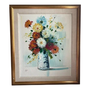 Mid Century Oil on Canvas Still Life Framed Art Signed