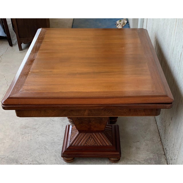 Square Extendable Art Deco Dining Table With TwoBurl Walnut Pedestals